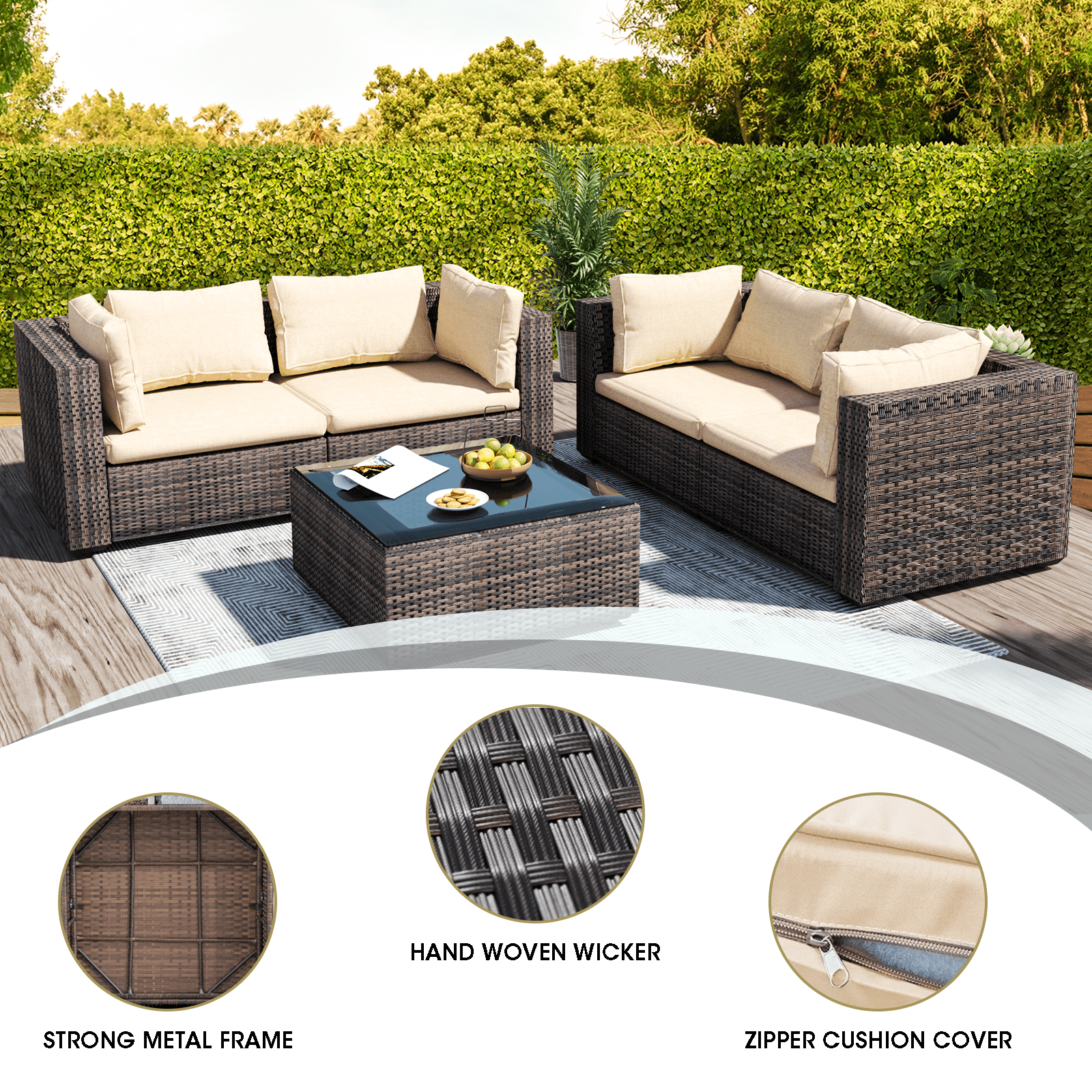 Grezone 5 Pieces Patio Furniture Set, All Weather Outdoor Sectional PE Rattan, Patio Conversation Sets with Cushions and Glass Coffee Table for Garden Lawn Balcony Porch Deck, Beige