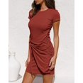 thumbnail image 3 of Short Sleeve Crew Neck T Shirt Dress Tie Waist Ruched Bodycon Mini Dress - Brick Red, 3 of 4