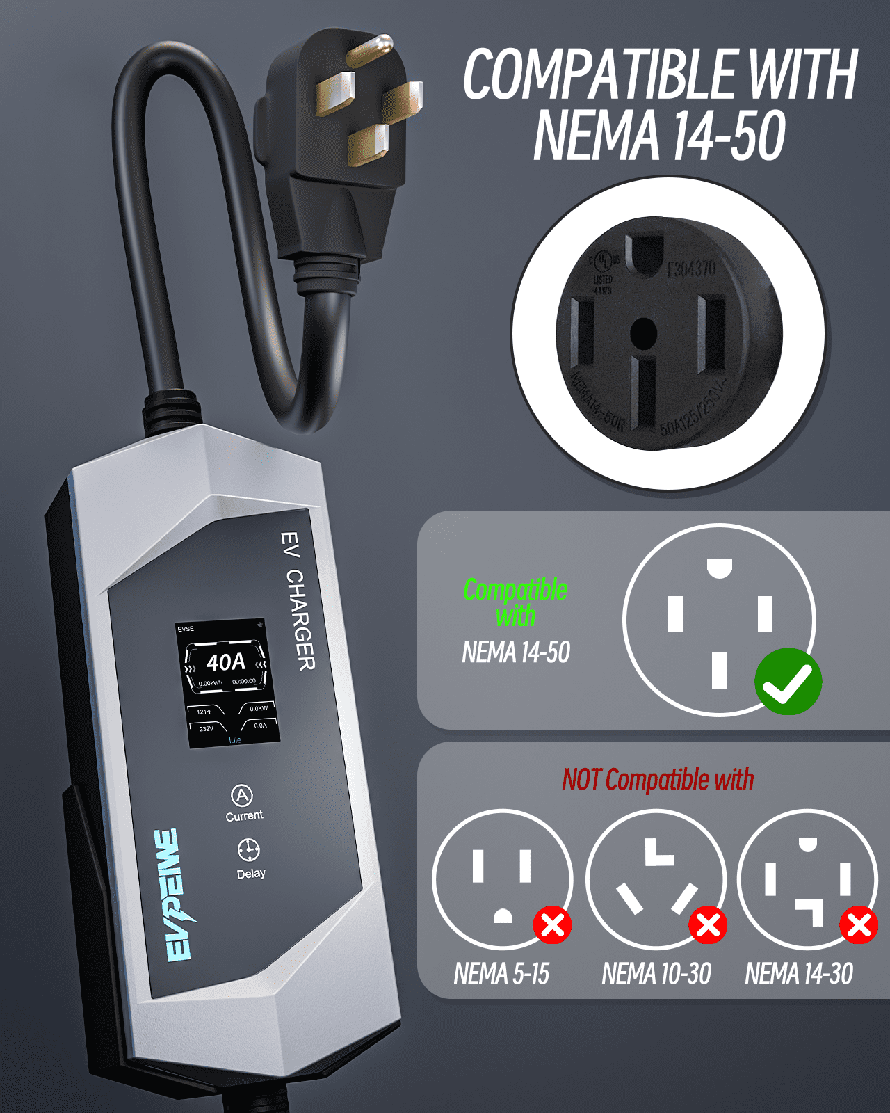 EVPEIWE Level 1/2 J1772 EV Charger 40A 25ft, 110-240V Portable EV Charger with NEMA 14-50/NEMA 5-15 Plug