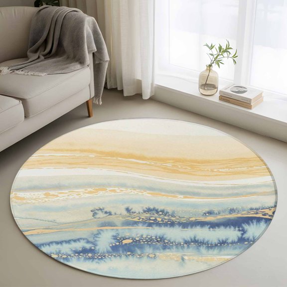 Yellow Blue Ombre Round Area Rug 4 FT, Non Slip Indoor Outdoor Rug, Abstract Modern Art Fluid Striped Washable Soft Circular Carpet Non-Shedding Floor Mat for Coffee Table Nursery Foyer Balcony