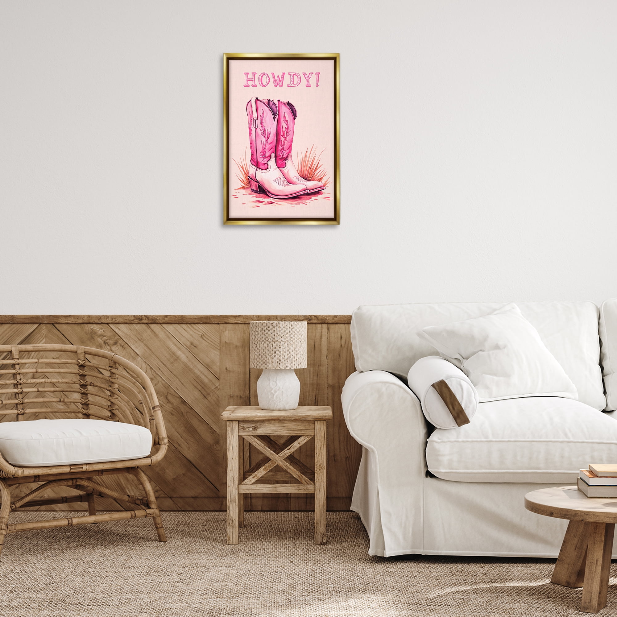 Stupell Industries Pink Cowgirl Boots Howdy Fashion Painting Gold Floater Framed Canvas Art Print Wall Art, 17 x 25