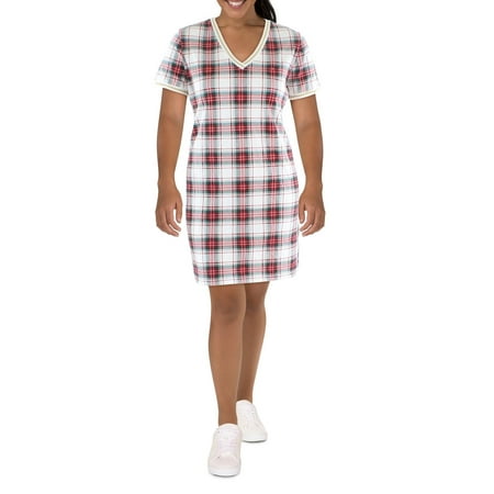 Tommy Hilfiger Womens Metallic Trim Plaid T-Shirt Dress