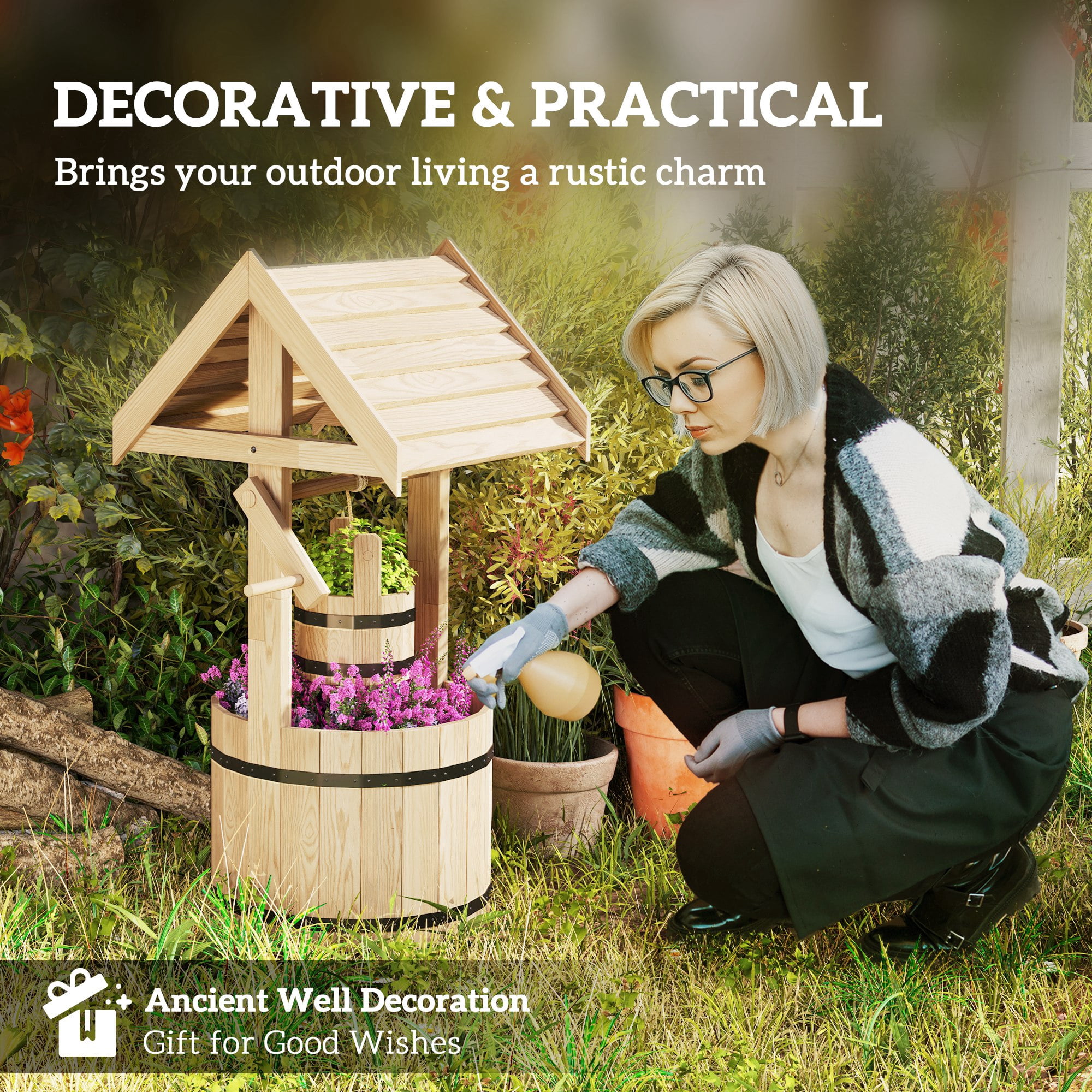 Outsunny Wishing Well for Outside, Wood Wishing Well Planter with Hanging Bucket, Decorative Planter with Drain Hole for Garden Patio, Natural