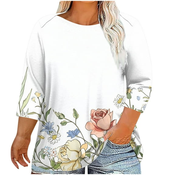 CYMMPU Spring Tops Round Neck 3/4 Sleeve Loose Fit Tunic Tops Flower Pattern Summer Trendy Shirts Blouses for Women Dressy Casual Plus Size T-Shirt XXXL