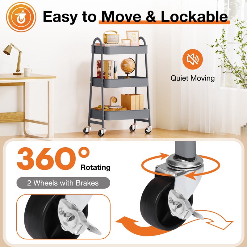 Gianna 3 Tier Utility Rolling Cart, Metal Mobile Storage Shelf with Lockable Caster Wheels, Organization for Livingroom, Bathroom & Narrow Places, Gray