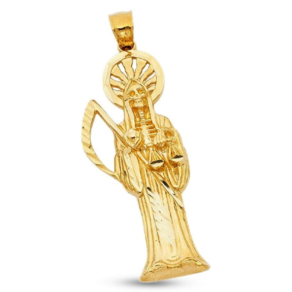Religious Santa Muerte Charm Pendant Solid 14k Yellow Gold Grim Reaper Polished Christian Charm Genuine 45 mm x 20 mm