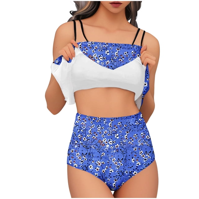 Trajes de Baño de Bikini de Mujer Conjunto de Cintura Alta de Vendaje de Impresión Sexy con Almohadillas de Pecho, Conjunto de Bikini de Mujer Conservador Y sin Mangas