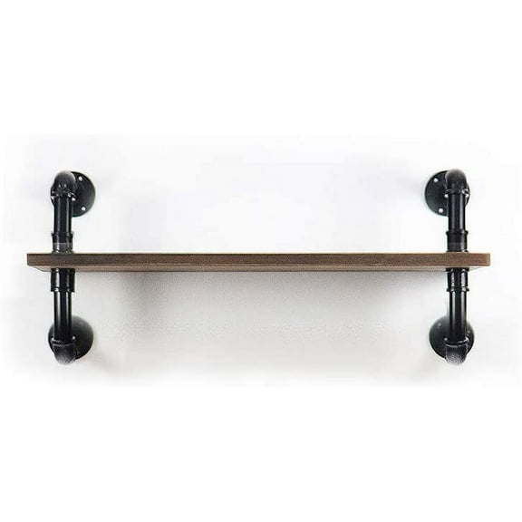 ATT Industrial Pipe Shelf Wall Shelf Rustic Wood with Black Iron Pipe 1 Tier