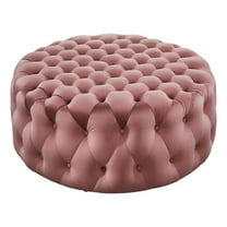 Maklaine Modern Button Tufted Round Velvet Ottoman in Dusty Rose Pink