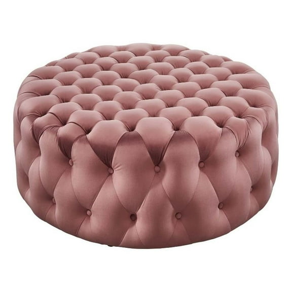 Maklaine Modern Button Tufted Round Velvet Ottoman in Dusty Rose Pink
