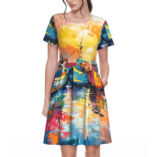 Balery Colorful Fishing Boats Vestidos sueltos de manga corta para mujer, vestidos de verano 2025, vestidos casuales de corte A con vuelo.