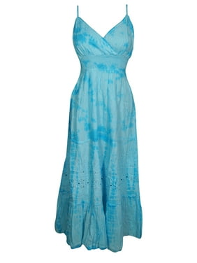 Mogul Womens Maxi Boho Dress Floral Embroidered Flare Spaghetti Strap Cotton Tie Dye Blue Plunge Neck Sexy Summer Dresses S
