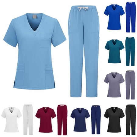 Minjewel Men s Comfortable Short Sleeve Nursing Uniform Set Relaxed Fit Scrubs for Male Nurses Caregivers & Healthcare Professionals Wine M