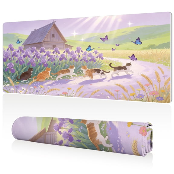 LIVEKEY Extra Large Mouse Pad Cats in Purple Iris Field 80x40x0.3cm Full Desk Coverage Non Slip Durable Easy Clean Stitched Edges for Gaming and Office