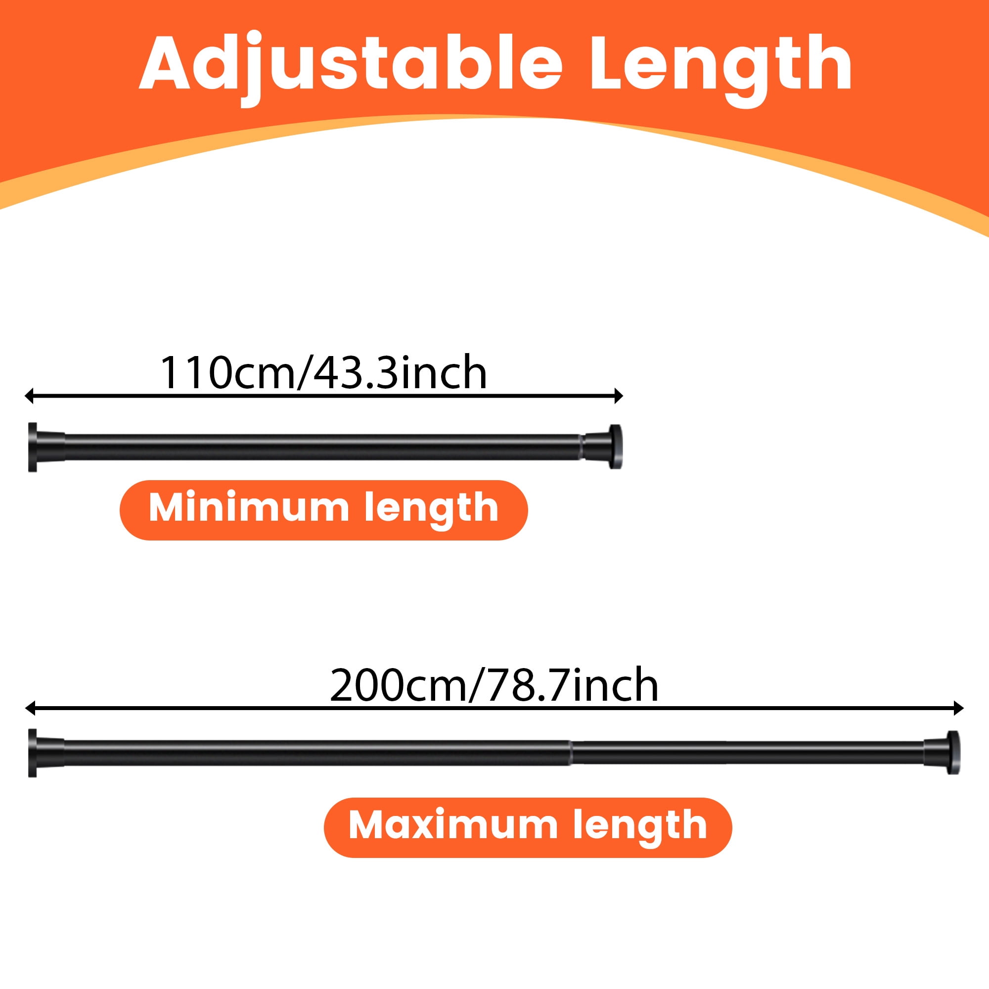 GARITIN Adjustable Tension Curtain Rod, 43.3-78.7 Inch No Drill Shower Curtain Rod for Window, Bathroom, Closet, Black Tension Rod