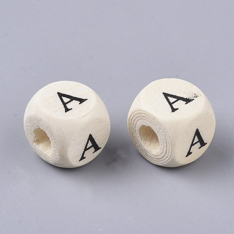 Printed Natural Wood Beads Horizontal Hole Cube with Initial Letter PapayaWhip Letter A 10x10x10mm Hole: 3.5mm about 950~1000pcs/500g