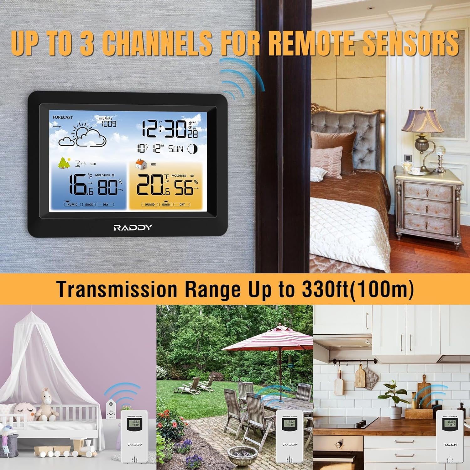 Raddy WM6 Weather Station with 2000mAh Rechargeable Battery, Wireless Indoor Outdoor Thermometer Hygrometer Barometer with Atomic Clock Weather Forecast for Home Use, Black