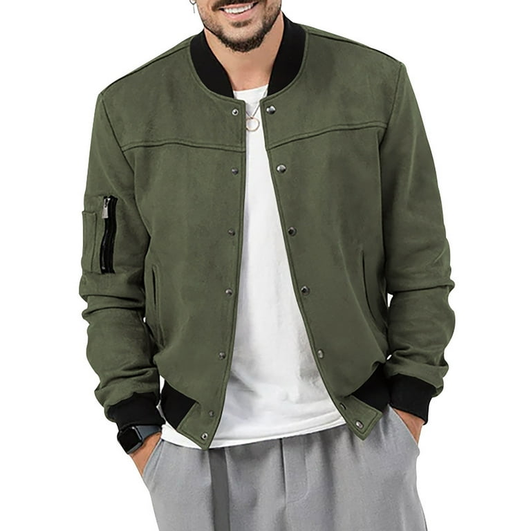 YYDGH Men s Faux Suede Bomber Jacket Lightweight Button Down Jackets Vintage Casual Varsity Coat Trendy Outwear with Pockets Walmart