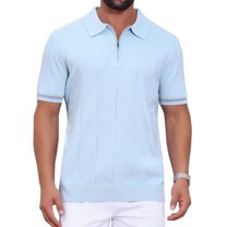 Men's Textured Polo Shirt Zip Up Ribbed Hem Short Sleeve Golf Polo Shirts L Light Blue