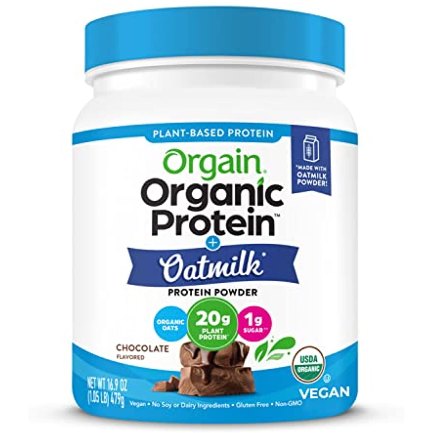 Orgain Plant-Based Protein Powder + Oatmilk, Chocolate, 20G Of Vegan Protein, 1G Of Sugar, Made From Organic Oats, No Dairy Or Soy, Non-Gmo, 1Lb