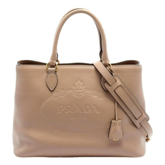 Prada Embossed Logo Soft Leather Handbag Shopper Tote Cammeo Beige NEW