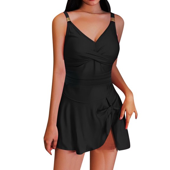 WEIGFI Women's Swimsuit One-Piece Swim Dress Tie Knot Spaghetti Strap Deep V-Neck Beachwear Solid Color Bathing Suit Tummy Control Stylish Vacation Swimsuit,Black,L
