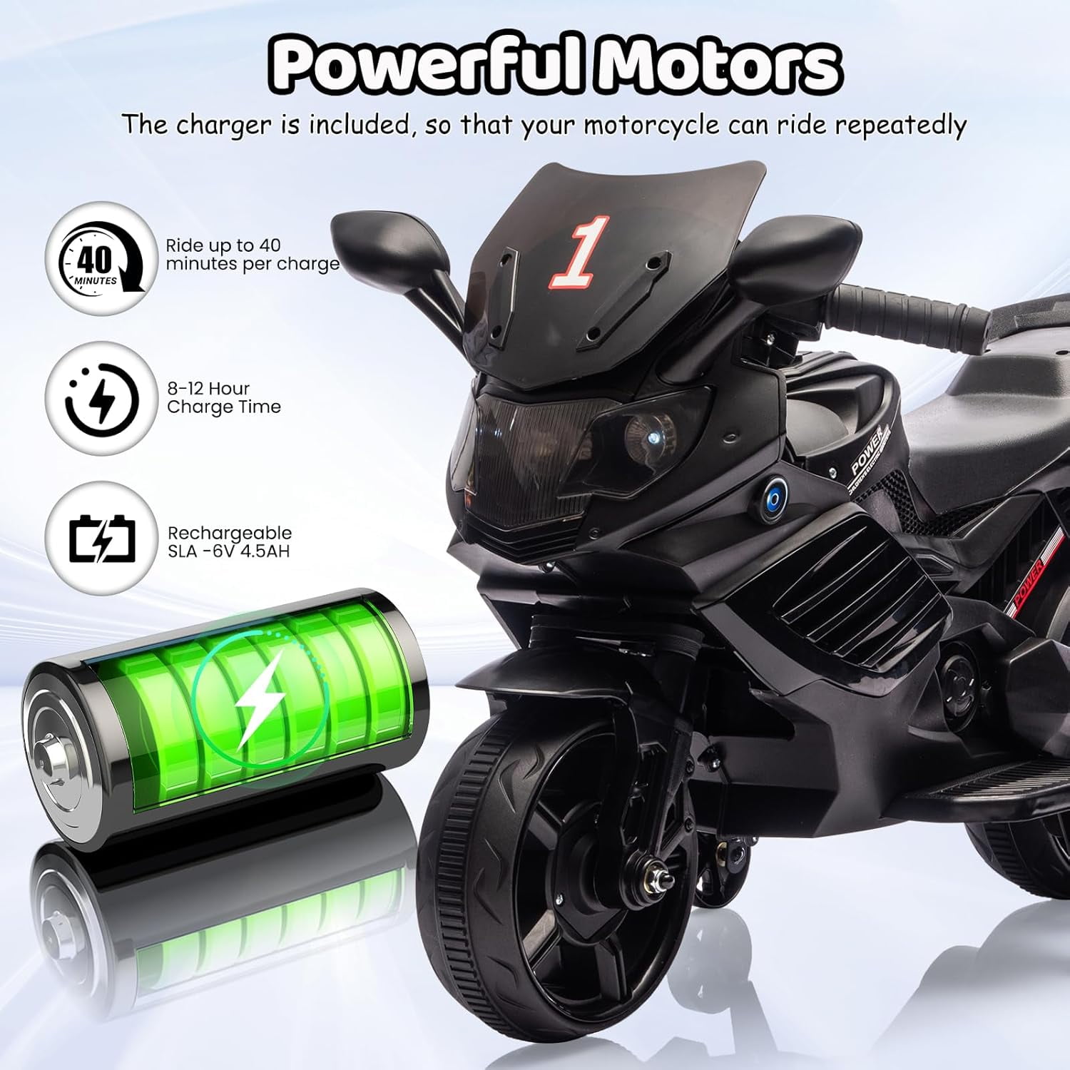 Trilenars 6V Motorcycle, Electric Ride On Car Toy with Training Wheels, Working Headlight, Horn & Music, Battery PoweRed Ride On Motorcycle Toy for Ages 3-6,Black