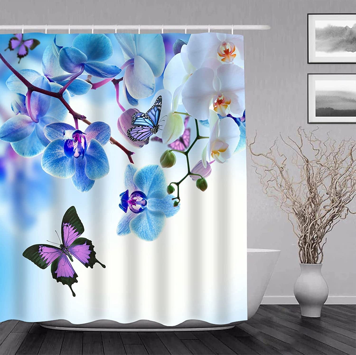 Sonernt Floral Shower Curtain Blue Butterfly Shower Curtain Waterproof Fabric Bath Shower