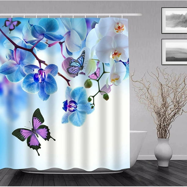 Sonernt Floral Shower Curtain Blue Butterfly Shower Curtain Waterproof