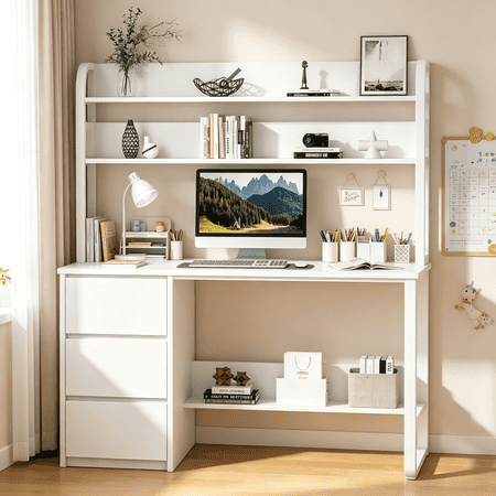 Catrimown White Desk with Hutch, 55 Inch Modern Computer Desk with 3 Drawers & Storage Shelves, Study Writing Desk with Adjustable Feet, Space Saving Workstation for Bedroom & Small Home Spaces
