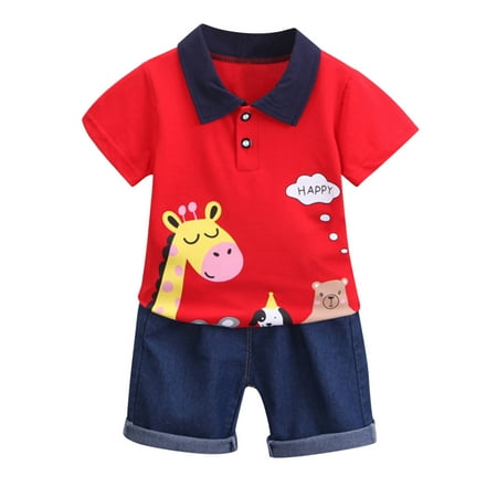 

TAIAOJING Summer Baby Boy Girl Clothes Toddler Kids Cartoon Deer Gentleman Shirt Tops+Denim Shorts Set Bodysuit Outfits 18-24 Months