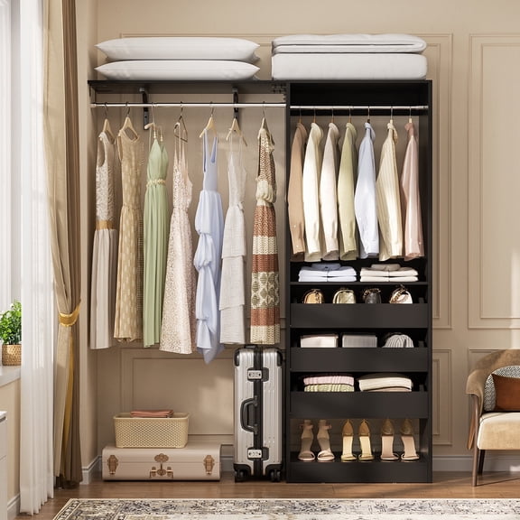 iSunirm 5FT Closet System with 3 Wooden Drawers, Reversible Closet Organizer with Hanging Rod & Shelf Tower, Sturdy Wardrobe Closet Garment Rack for Bedroom/Closet, 60"W x 80"H x 15"D, Black