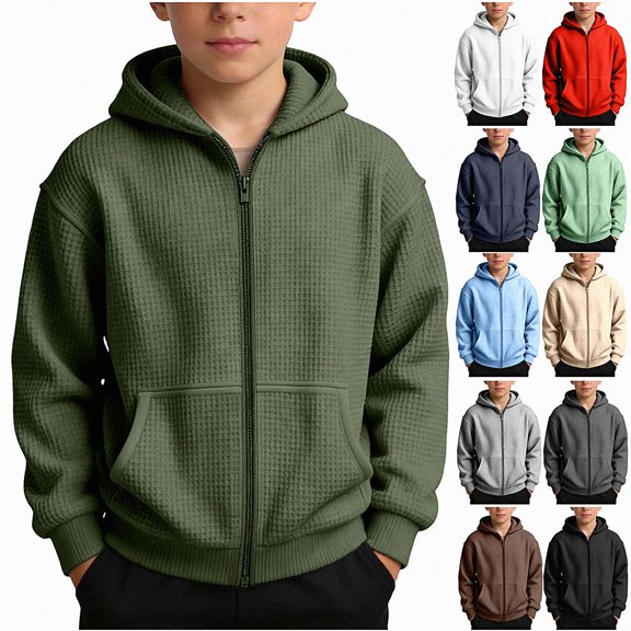 DJDLJWCJ Boys Waffle Knit Zip Up Hoodie Boys Solid Color Long Sleeve Full Zip Jacket with pocket Soft Cozy Fall Winter Casual Tops Army Green Size 3T