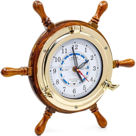 14" Time & Tide Clock Ship Wheel - White Numeric Dial