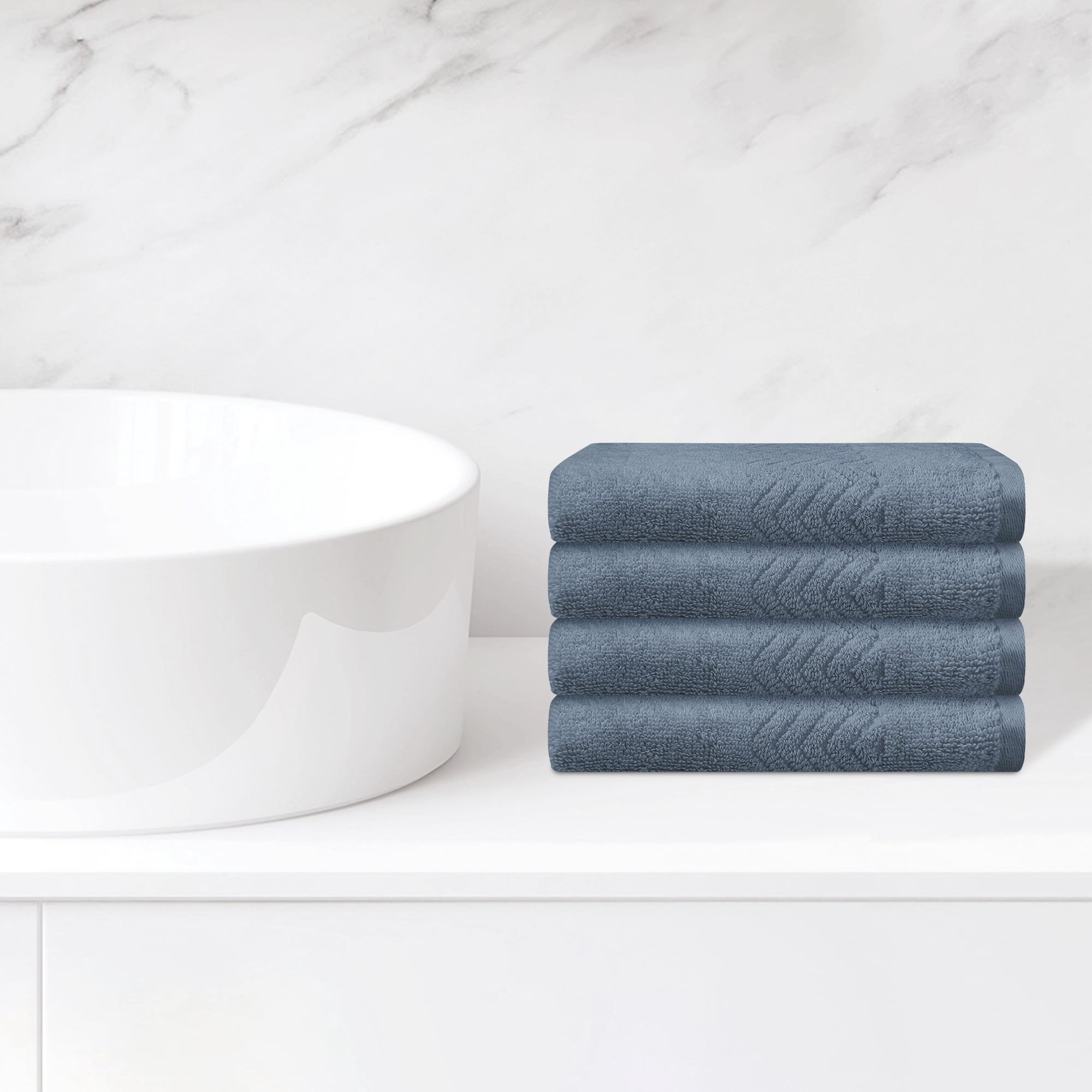 Unique Bargains Geometric Washcloths Set Cotton Bath Towels Low Lint Dark Blue 4