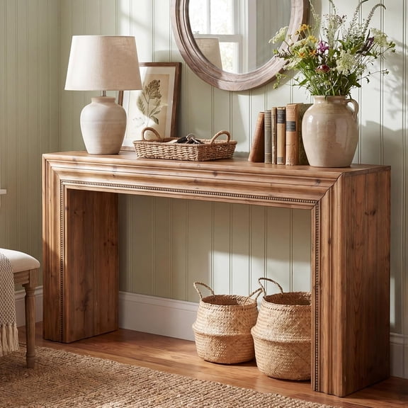 Tribesigns 63" Solid Wood Console Table, Narrow Sofa Table Behind Couch with Sculpted Edge and Raised Geometric Detailing for Entryway, Living Room, Hallway, Foyer