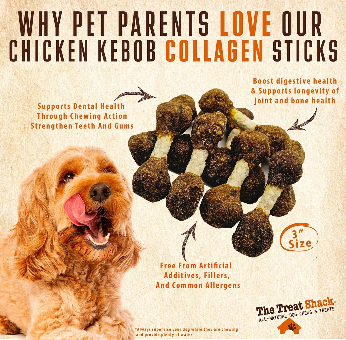 3" Chicken Kebob Crunchy Munchy Sticks Dog Treats, 50 count