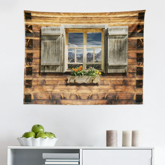 Shutters Tapestry, Facade of an Old Building Wooden Shutters Traditional House Summer Plants Nature, Fabric Wall Hanging Decor for Bedroom Living Room Dorm, 2 Sizes, Beige Green, by Ambesonne
