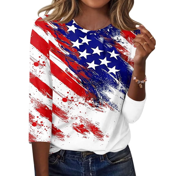 KDDYLITQ 250th Anniversary Usa Shirt for Women 250th Anniversary Printed 3/4 Sleeve Red White Blue T-Shirts Flag Crew Neck Tees Birthday Work Tops Blue 3XL