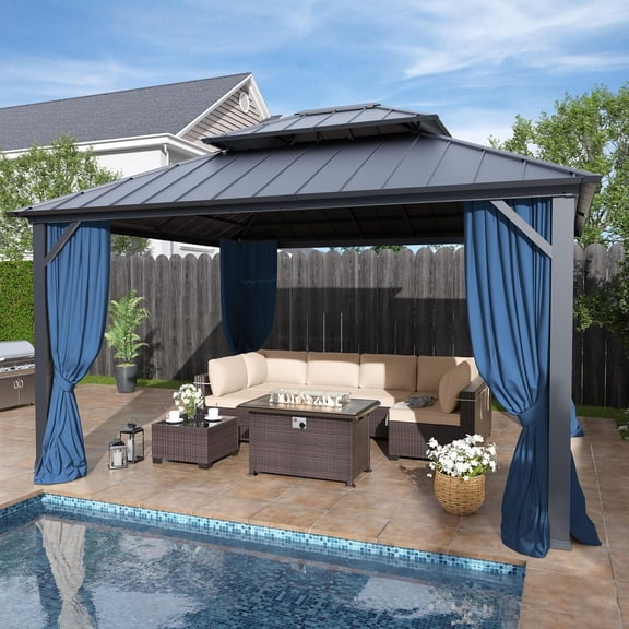 Kullavik 12'x14' Hardtop Gazebo, Outdoor Double Roof Canopy with Netting and Curtains, Galvanized Metal Frame, Sunshade for Patio, Backyard, Deck and Lawns-Navy Blue