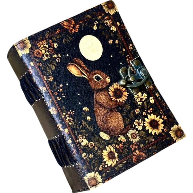 Handmade Leather Journal with Moon & Rabbit Artwork – 5x7 Inch Vintage Notebook with 200 Deckle Paper Pages, Antique Clasp, Rustic Animal-Themed Writing Diary