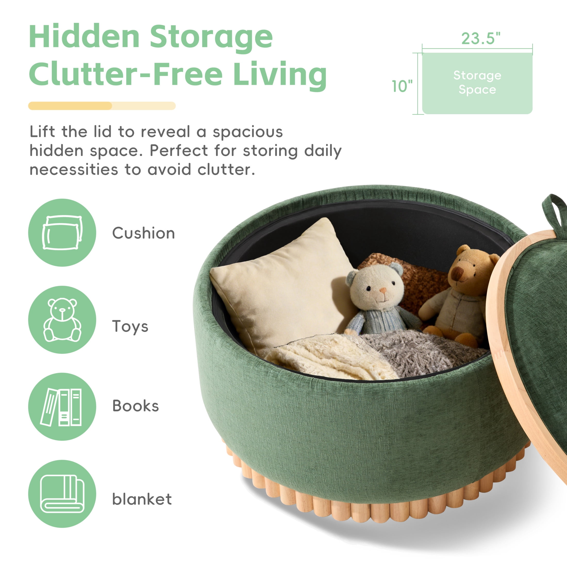 Noble House 29" Round Storage Ottoman with Reversible Wood Tray Lid and Base, Chenille Upholstered Footrest, Green