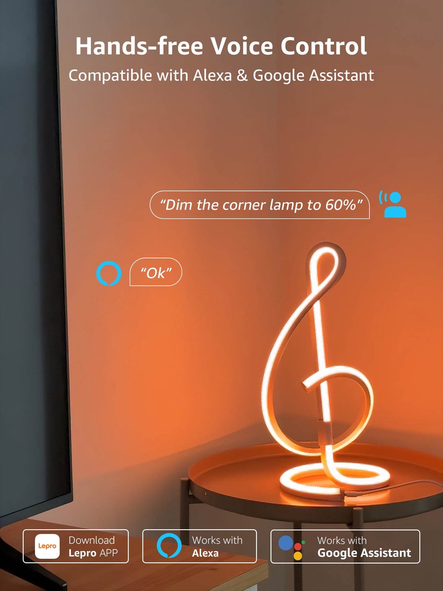 Lepro TB2 AI LED Table Lamp, Color Changing Nightstand Light, APP Control Alexa Google Compatible for Bedroom, Living Room, 2.4 Ghz Wifi/Bluetooth