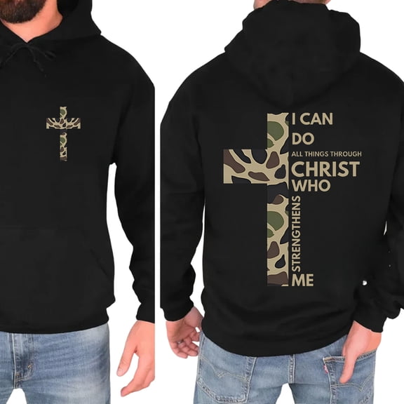 I Can Do All Things Through Christ Double-Sided Hoodie – Christian Camo Cross Graphic Pullover, Inspirational Bible Verse Hoodie for Men & Women
