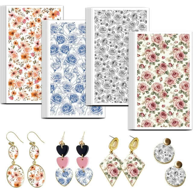 Papel de transferencia de arcilla rosa de línea, 4 diseños, 24 piezas, hojas de transferencia de arcilla polimérica rosa, papel de transferencia pequeño floral azul