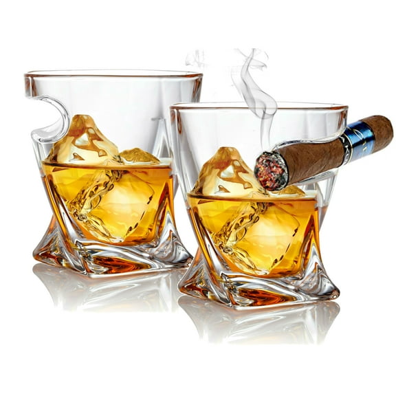 Bezrat Set of 2 Old Fashioned Whiskey Cigar Glasses - Tumbler with Side Mounted Holder Cigar Rest