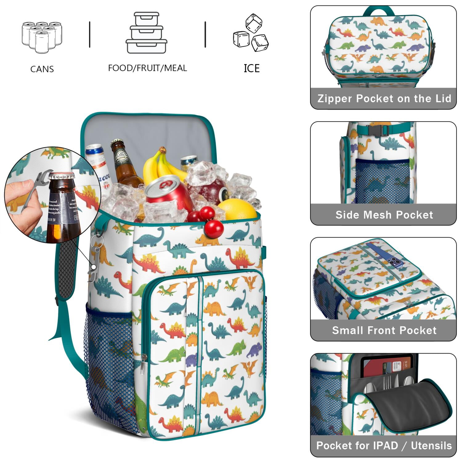 Travel Cooler Bag - White Dinosaurs Colorful Species Pattern Camping Beer Cooler Backpack with Bottle Opener- Waterproof Insulated Picnic Backpacks - Cooler Bag for Beach