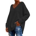 thumbnail image 2 of ZDNIXIAN Women V Neck Oversized Sweater ,Long Sleeve Loose Knit Top, Side Slit Casual Pullover, Solid Color Drop Shoulder Relaxed Fit Knitted Shirt, 2 of 4