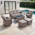 thumbnail image 2 of OPOHORO Outdoor 7 Pieces Conversation Set, Brown Wicker Sofa, with Swivel Chairs, Side Table, Coffee Table and Ottomans, Patio Furniture Set with 5" Thick Cushion for Backyard, Gray, 2 of 15