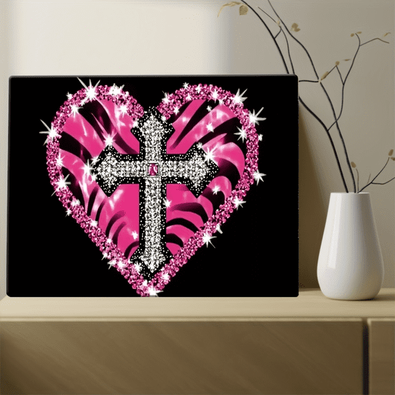 Pink Zebra Cross Sparkle Heart Canvas Wall Decor Ready to Hang Living Room